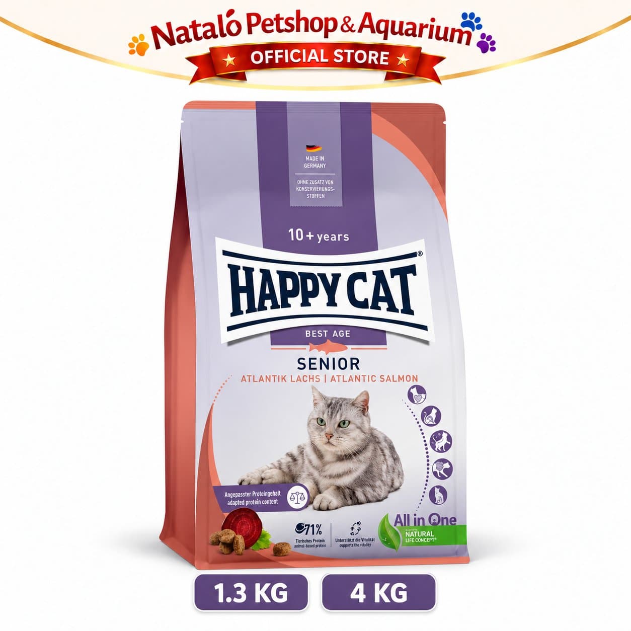 Happy Cat Best Age Senior 10+ Years Atlantic Salmon 1.3KG - Supreme Premium Dry Food 1.3 KG - Makanan Kering Kucing Tua Lansia Berumur Dewasa - gambar 6