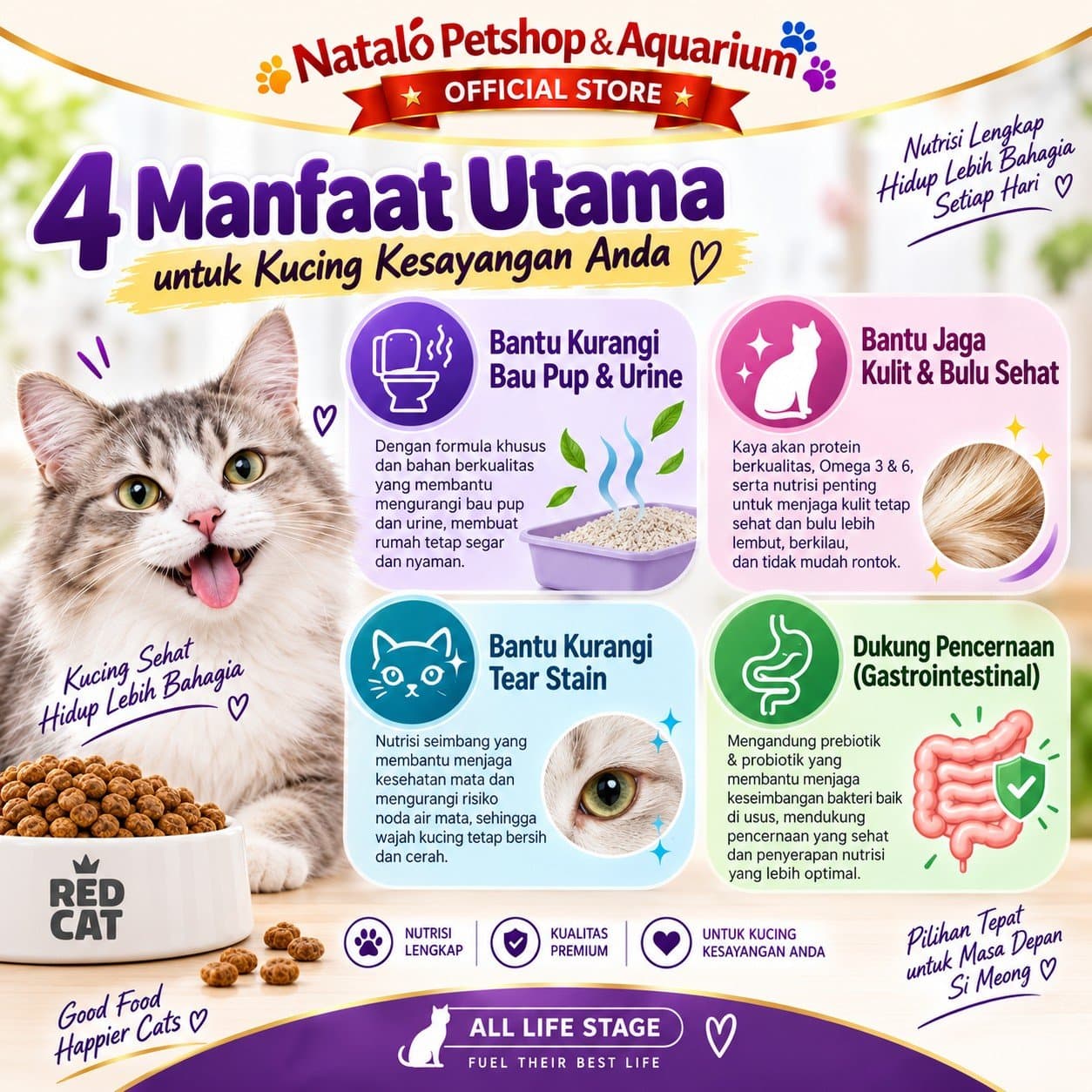 Red Cat Complete Nutrition 7KG All Life Stages Dry Cat Food Chicken & White Fish - Makanan Kucing Semua Tahap Usia / Umur 7 KG  - Premium Quality - gambar 2