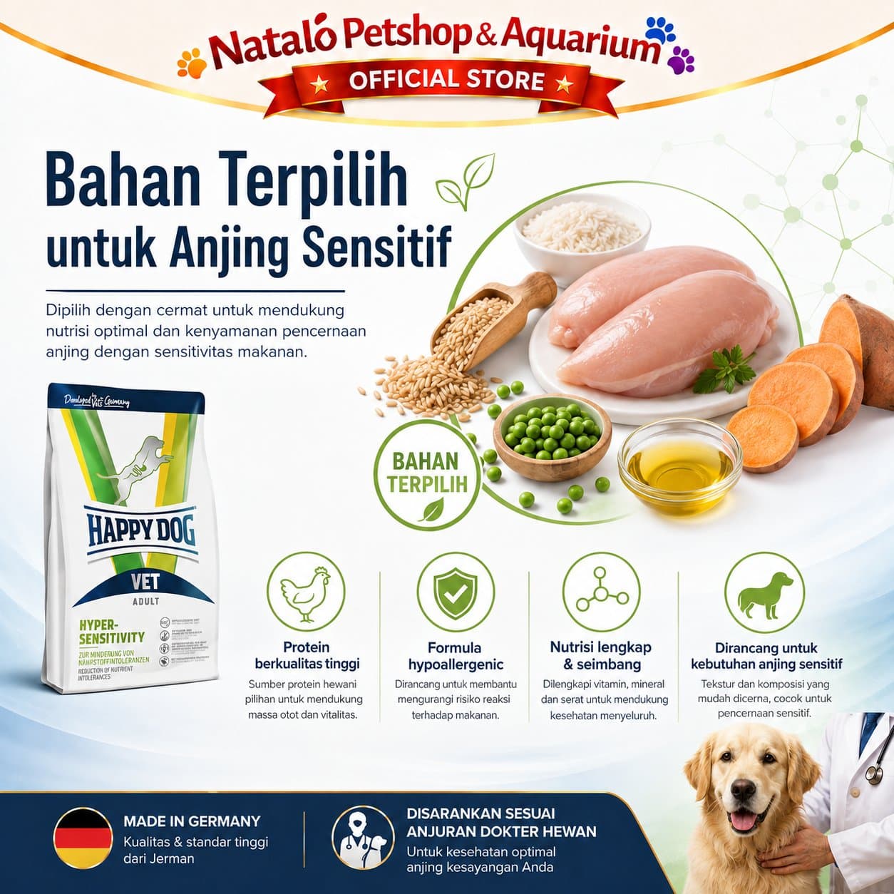 Happy Dog Vet Hyper-Sensitivity Hypersensitivity 4 KG - Makanan Anjing Dewasa untuk Kulit Sensitif / Alergi 4KG - gambar 4