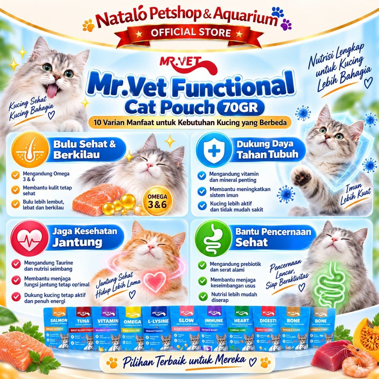 Mr. Vet Nutrition Cat Pouch All Life Stages Functional 70GR - Makanan Basah Saset Kucing Mr.Vet Semua Tahap Usia Fungsional Kesehatan 70 GR - gambar 2