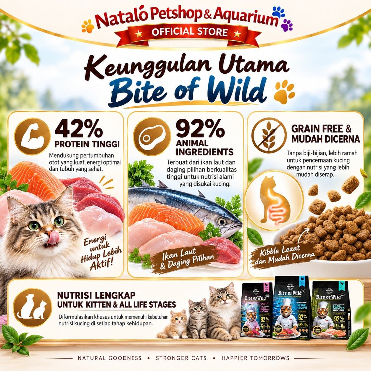 Bite of Wild Grain Free K42 Soft Kitten Kibbles High Digest / F42 6 Fishes Recipe / P42 High Meat Recipe All Life Stages Dry Cat Food 1KG - Makanan Kucing Semua Tahap Usia / Umur 1 KG Tinggi Protein - gambar 2