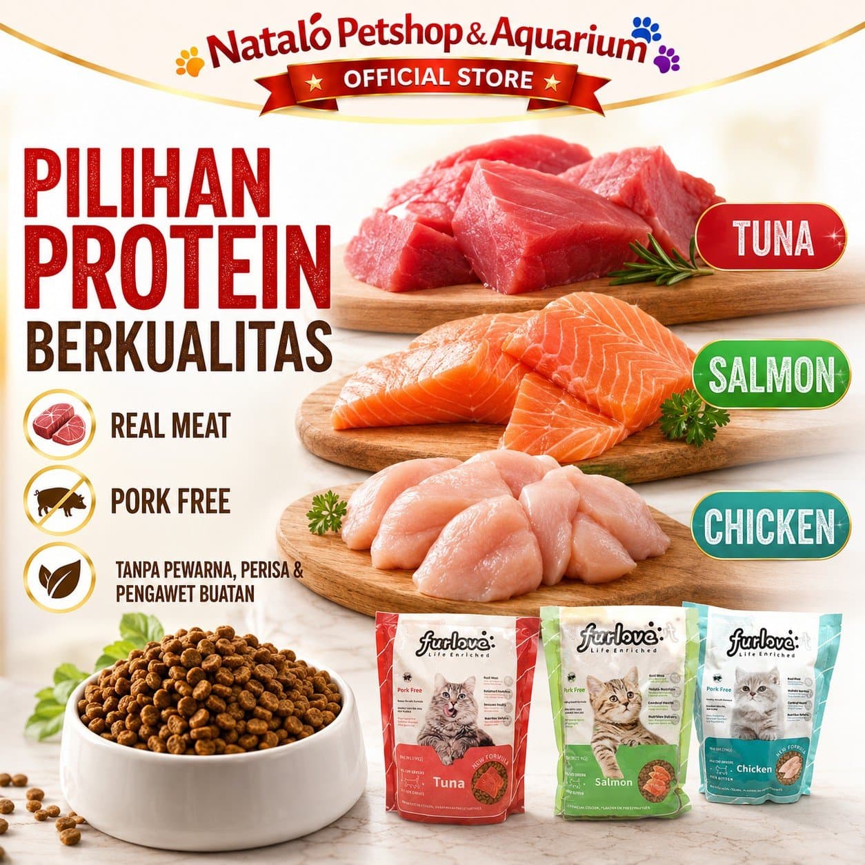 Furlove Kitten & Adult Dry Cat Food 1KG All Life Stages - Makanan Anak dan Kucing Dewasa / Semua Umur 1 KG - Tuna Salmon Chicken - gambar 3