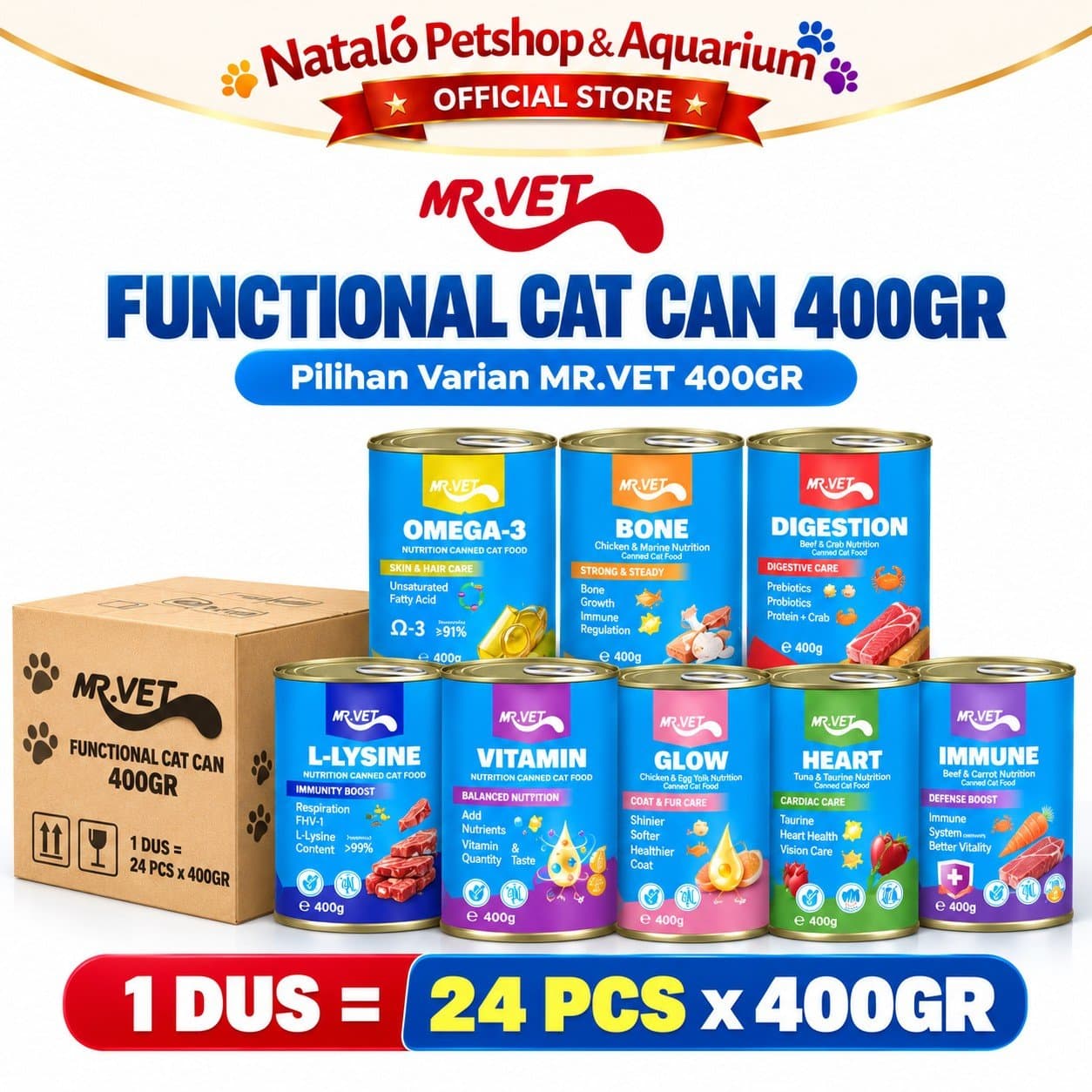 Mr. Vet Cat Can All Life Stages Functional Wet Food 1 DUS (24pcs x 400gr) - Makanan Basah Kaleng Kucing Mr.Vet Semua Tahap Usia Fungsional Kesehatan - gambar 6