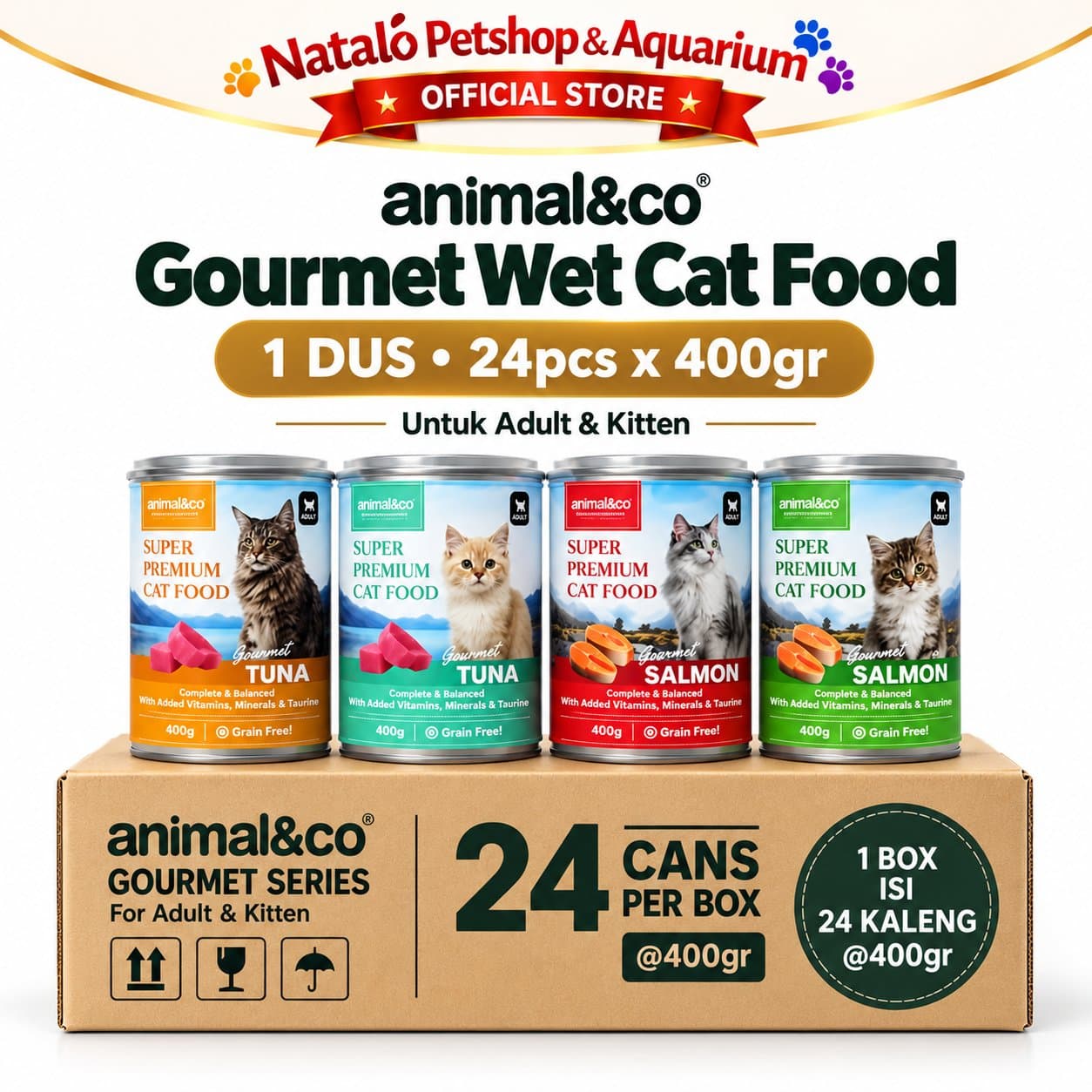 Animal&Co Gourmet Kitten / Adult 1 DUS (24pcs x 400gr) Wet Super Premium Cat Food - Makanan Basah Kaleng Anak dan Kucing Dewasa 400 GR - gambar 6