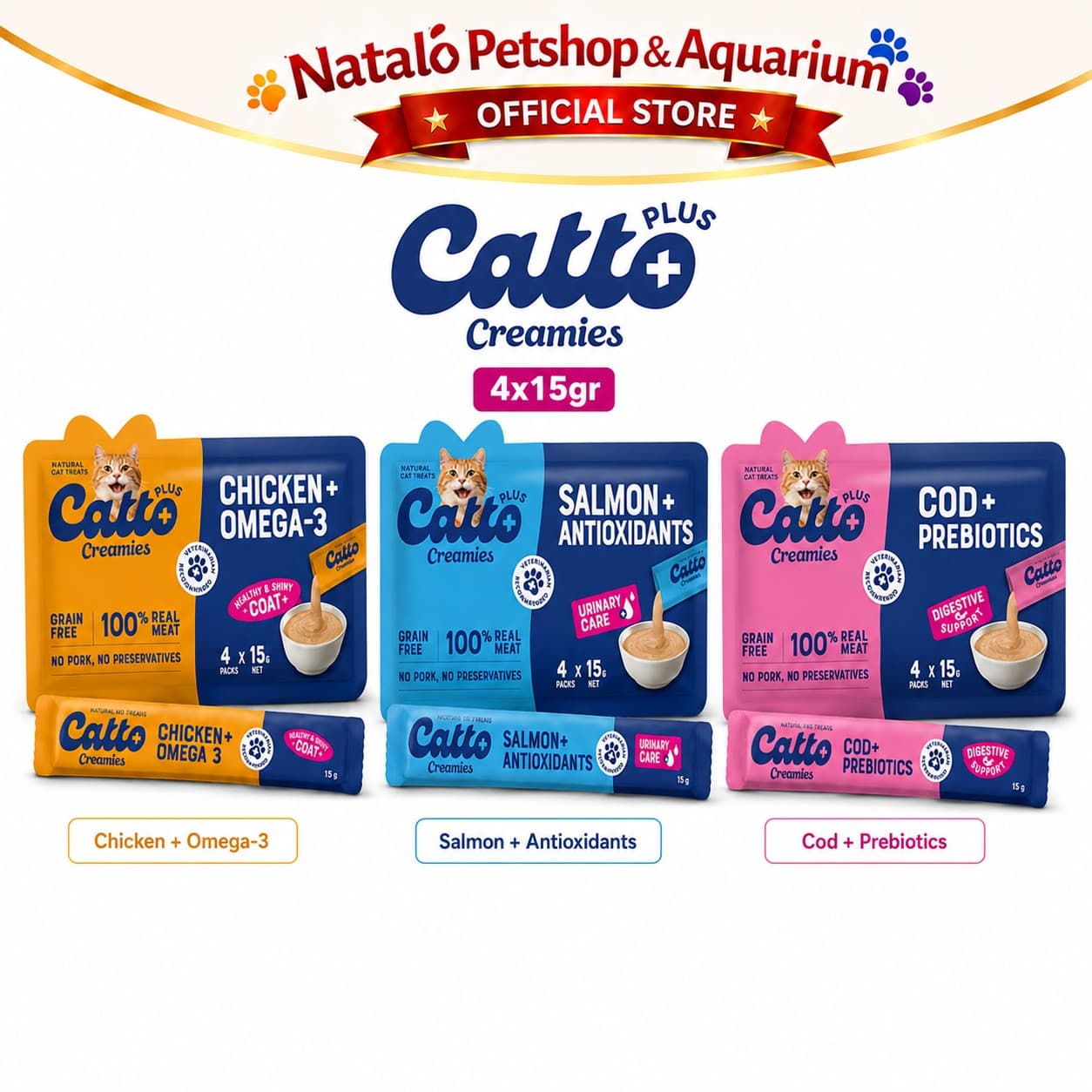 Catto Plus Creamies Chicken + Omega 3 / Salmon + Antioxidant / Cod + Prebiotics 4x15gr -Snack Camilan Kucing Premium - gambar 6