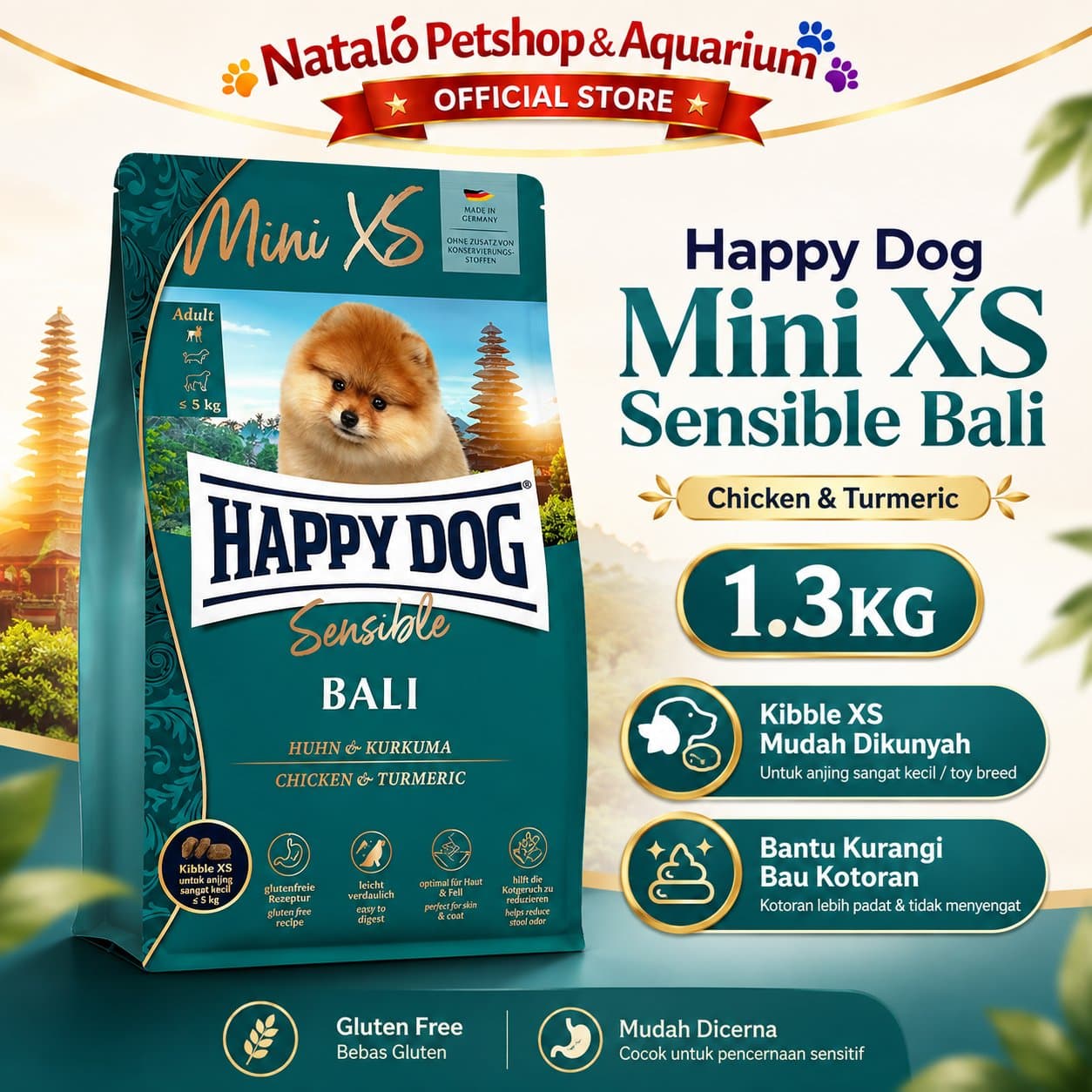 Happy Dog Supreme Mini XS Sensible Bali 1.3 KG Small Breed Dog Food - Makanan Anjing Dewasa Ras Kecil Freshpack 1.3KG - gambar 1