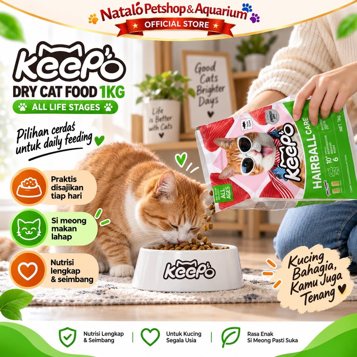 Keepo K1 Skin & Coat / K2 Hairball Care 1KG All Life Stages Dry Cat Food - Makanan Kucing Semua Tahap Usia / Umur untuk Kesehatan Bulu dan Kulit / Pencernaan 1 KG - gambar 5