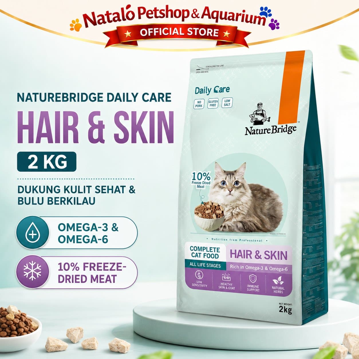 Nature Bridge Hair & Skin 2KG Daily Care - Makanan Kering Kucing Dry Cat Food Super Premium Fresh Pack 2 KG NB - gambar 1