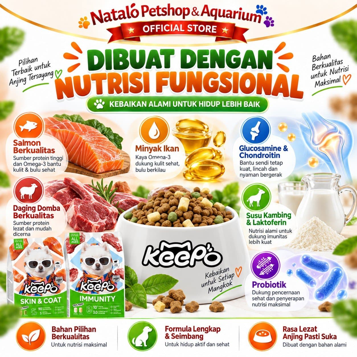 Keepo K3 Skin & Coat / K4 Immunity 1KG All Life Stages Dry Dog Food - Makanan Anjing Semua Tahap Usia / Umur untuk Kesehatan Bulu dan Kulit / Jaga Imunitas 1 KG Salmon Lamb - gambar 4