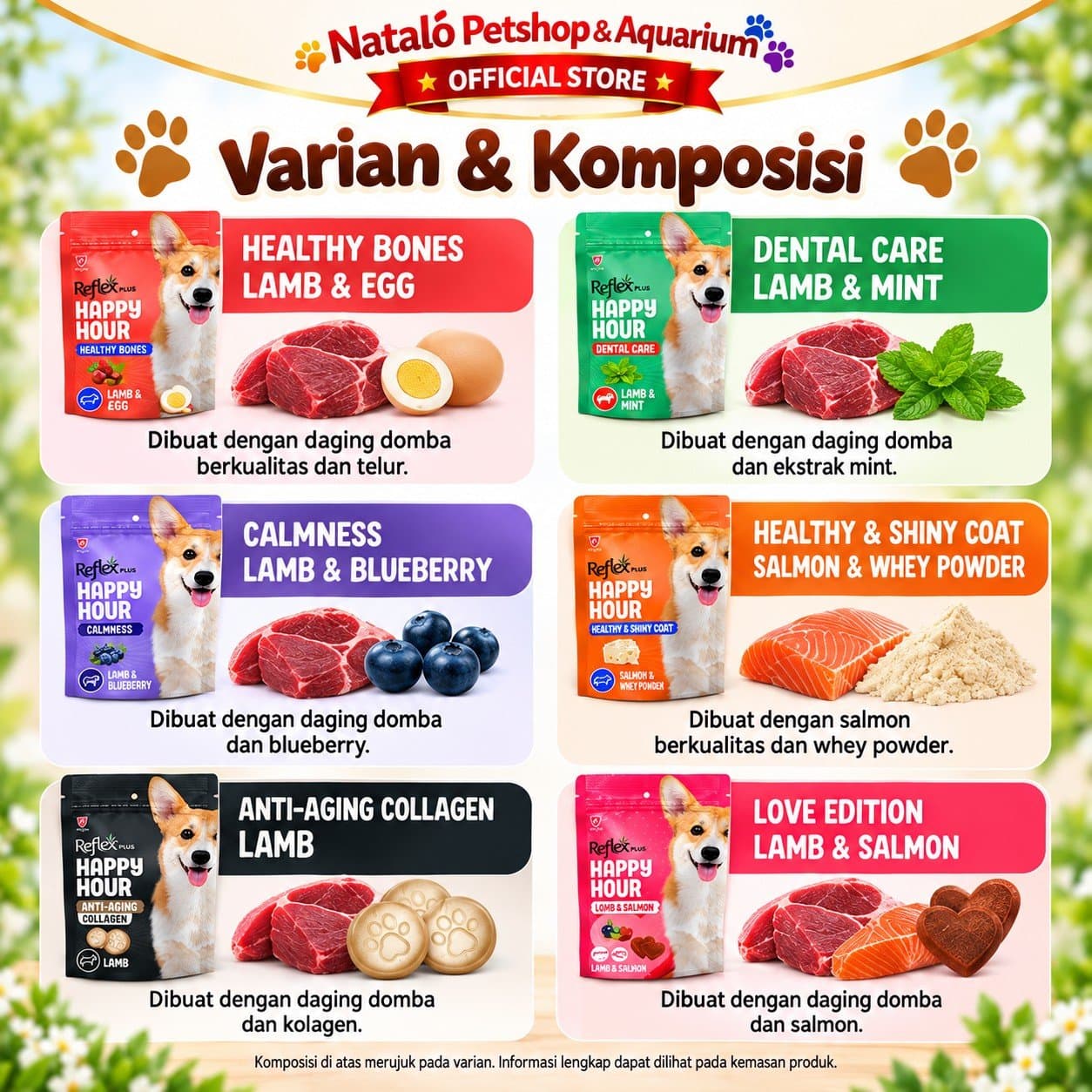 Reflex Plus Happy Hour Dog Treat 60G 6 Varian - Snack Cemilan Anjing Dewasa Healthy Bones Dental Care Calmness Anti Aging Lamb Salmon 60 GR - gambar 4