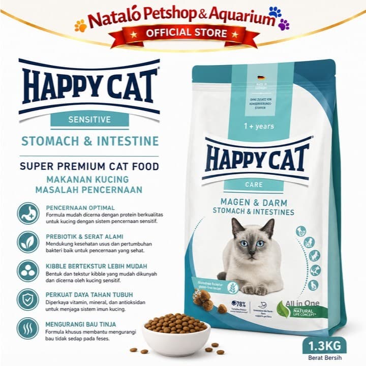 Happy Cat Sensitive Stomach & Intestines 1.3KG FRESHPACK / ORIGINAL / Gastro Intestinal Dry Cat Food - Makanan Kucing Dewasa untuk Pencernaan 1.3 KG Diare Mencret Sensitif - gambar 1