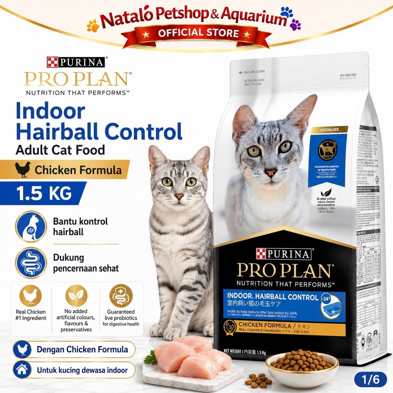 Pro Plan Indoor Indoor Hairball Control 1.5KG Adult Cat Food - Makanan Kucing Dewasa dalam Rumah PROPLAN / Mengurangi Bau Feses 1.5 KG - gambar 1