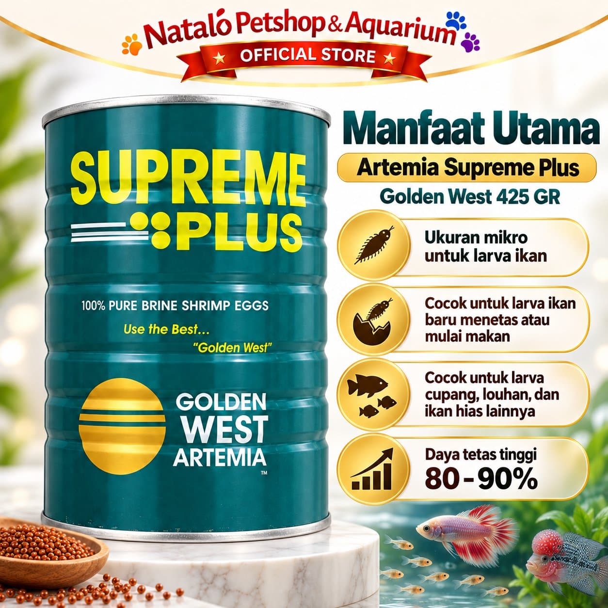 Artemia Supreme Plus 425Gr / Golden West - Makanan Pakan Udang Air Asin Berkualitas Tinggi yang Kaya Protein (63%-65%) dan sangat Ideal untuk Burayak / Larva Ikan Hias 425 GRAM - gambar 2