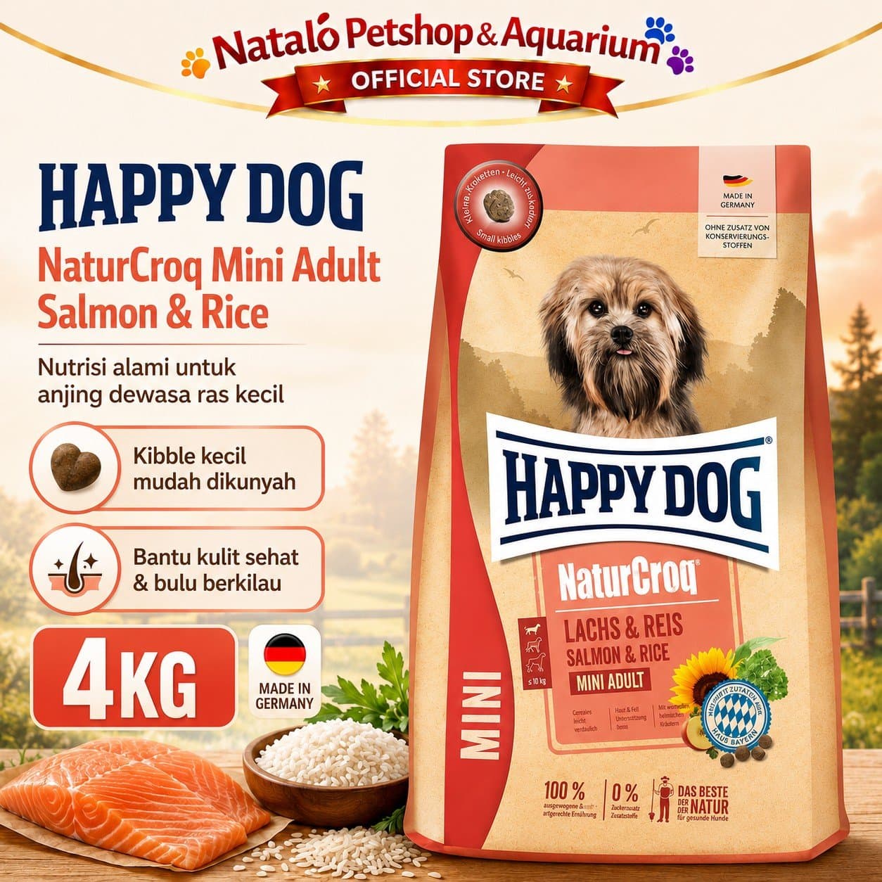 Happy Dog NaturCroq Mini Adult Salmon & Rice 4KG Small Breed Dog Food - Makanan Anjing Dewasa Ras Kecil Premium 4KG - gambar 1