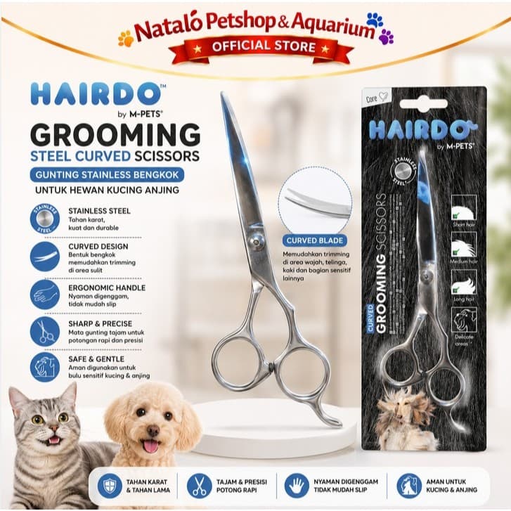 M-Pets Hairdo Grooming Steel Curved Scissors / Gunting Bengkok Potong Rambut Hewan Kucing Anjing Kelinci Bentuk Bulat Rapi / Bahan Besi - gambar 1