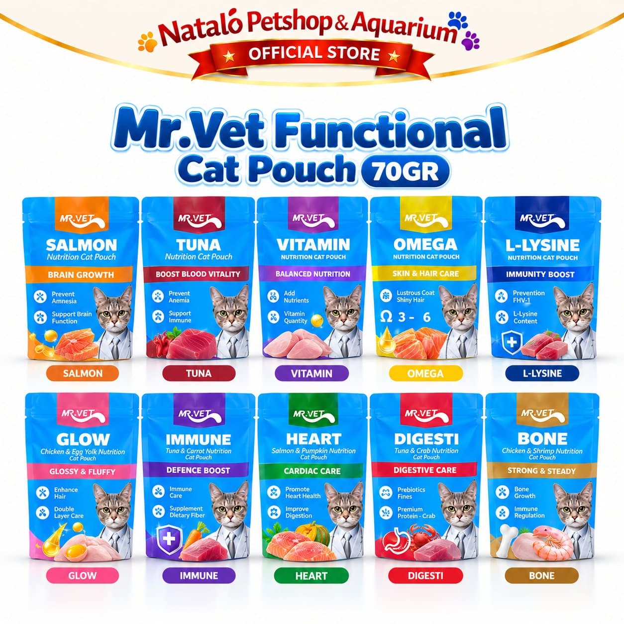 Mr. Vet Nutrition Cat Pouch All Life Stages Functional 70GR - Makanan Basah Saset Kucing Mr.Vet Semua Tahap Usia Fungsional Kesehatan 70 GR - gambar 6