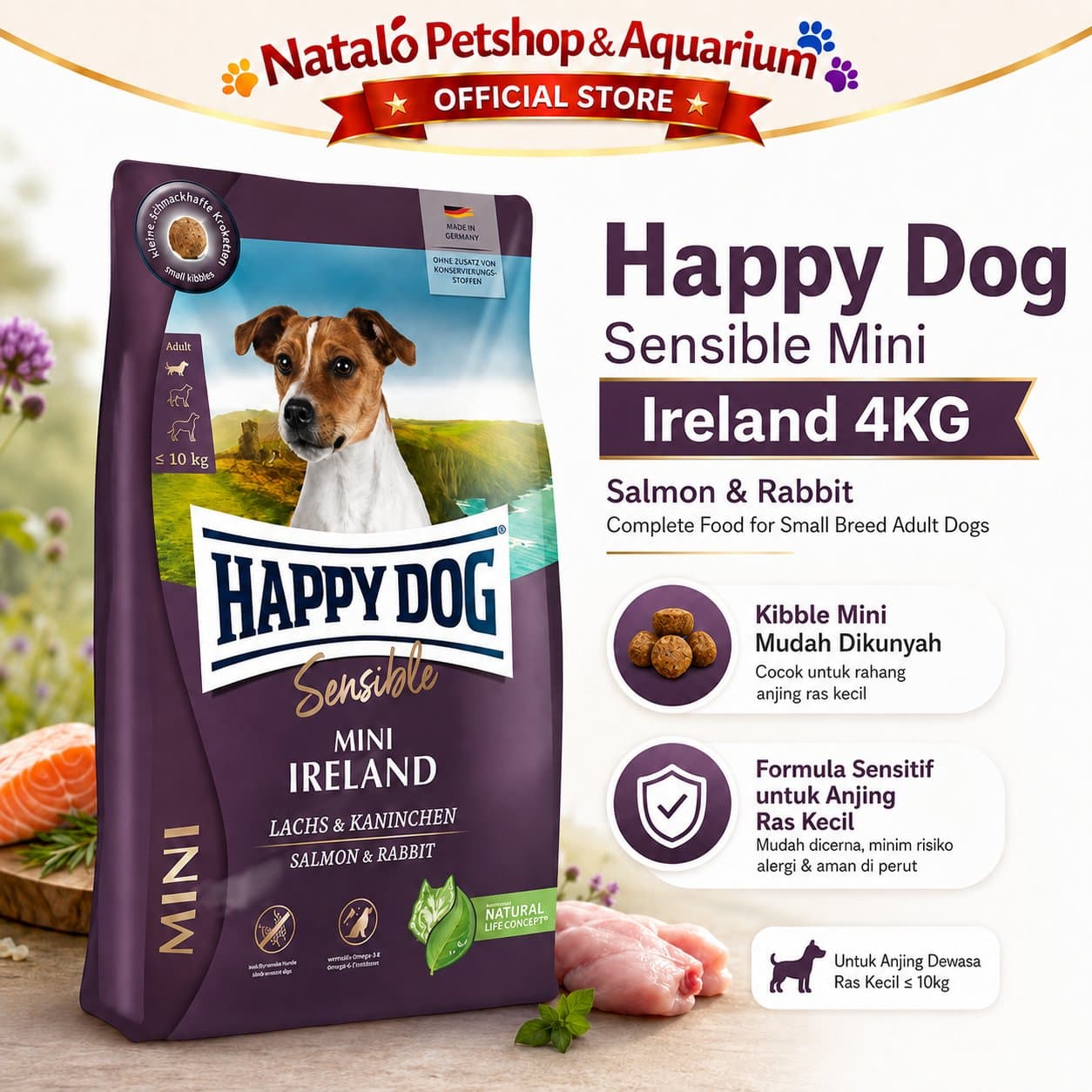 Happy Dog Sensible Mini Ireland Salmon & Rabbit 4KG Small Breed Adult Dog Food - Makanan Anjing Dewasa Ras Mini Irland Super Premium 4 KG - gambar 1