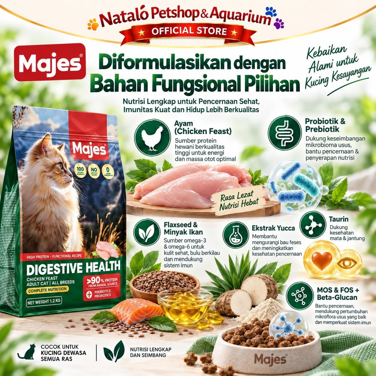 MAJES High Protein Digestive Health Chicken Feast Adult Dry Cat Food 400GR / 1.2KG - Makanan Kucing Dewasa untuk Kesehatan Pencernaan 400 GR / 1.2 KG - gambar 4