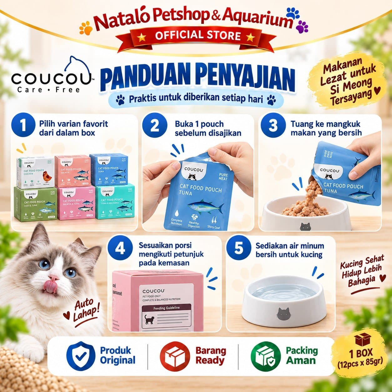 COUCOU Pouch Wet Cat food 1 BOX isi (12pcs x 85gr) All Life Stages - Makanan Basah Saset Kucing COU COU Semua Tahap Usia - gambar 3