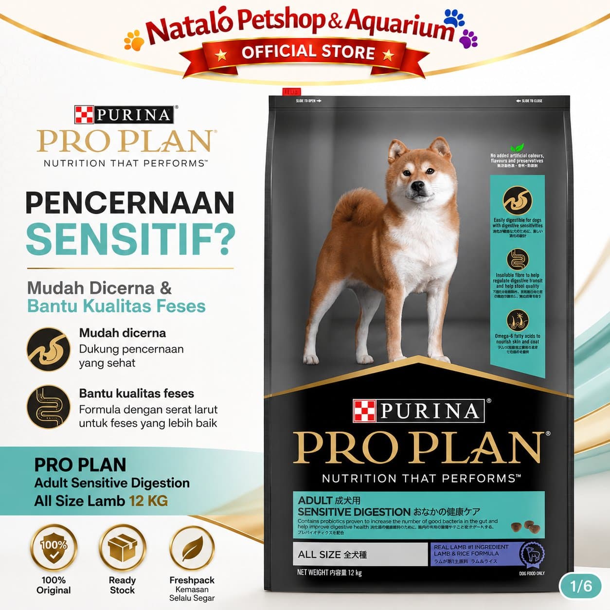 Pro Plan Dog Sensitive Digestion 12KG ( Lamb ) All Size - Makanan Anjing ProPlan Pencernaan Sensitif rasa Domba - gambar 1
