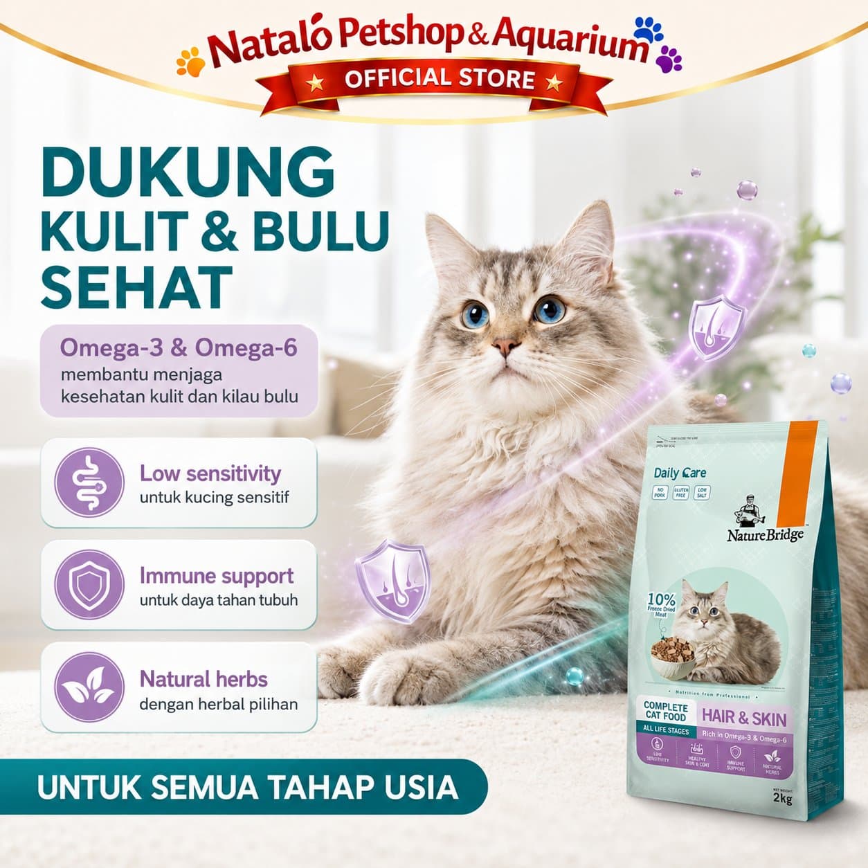 Nature Bridge Hair & Skin 2KG Daily Care - Makanan Kering Kucing Dry Cat Food Super Premium Fresh Pack 2 KG NB - gambar 2