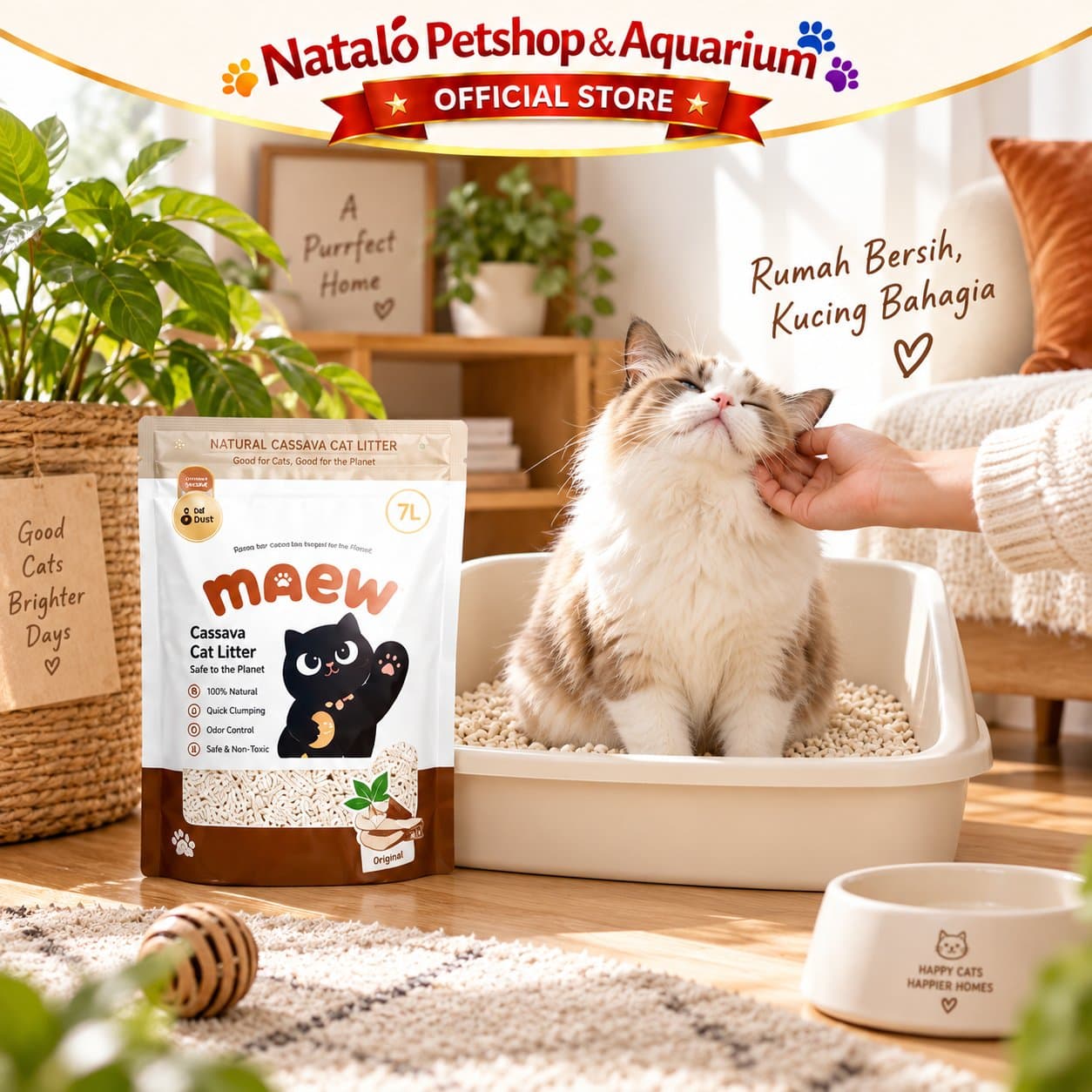 MAEW Cassava Clump Cat Litter 7LT - Pasir Kucing dari Singkong Murni Daya Serap Air Kuat - Bebas Debu 7 LT Casava Kasava Ubi Gumpal Serap Tinggi - gambar 5