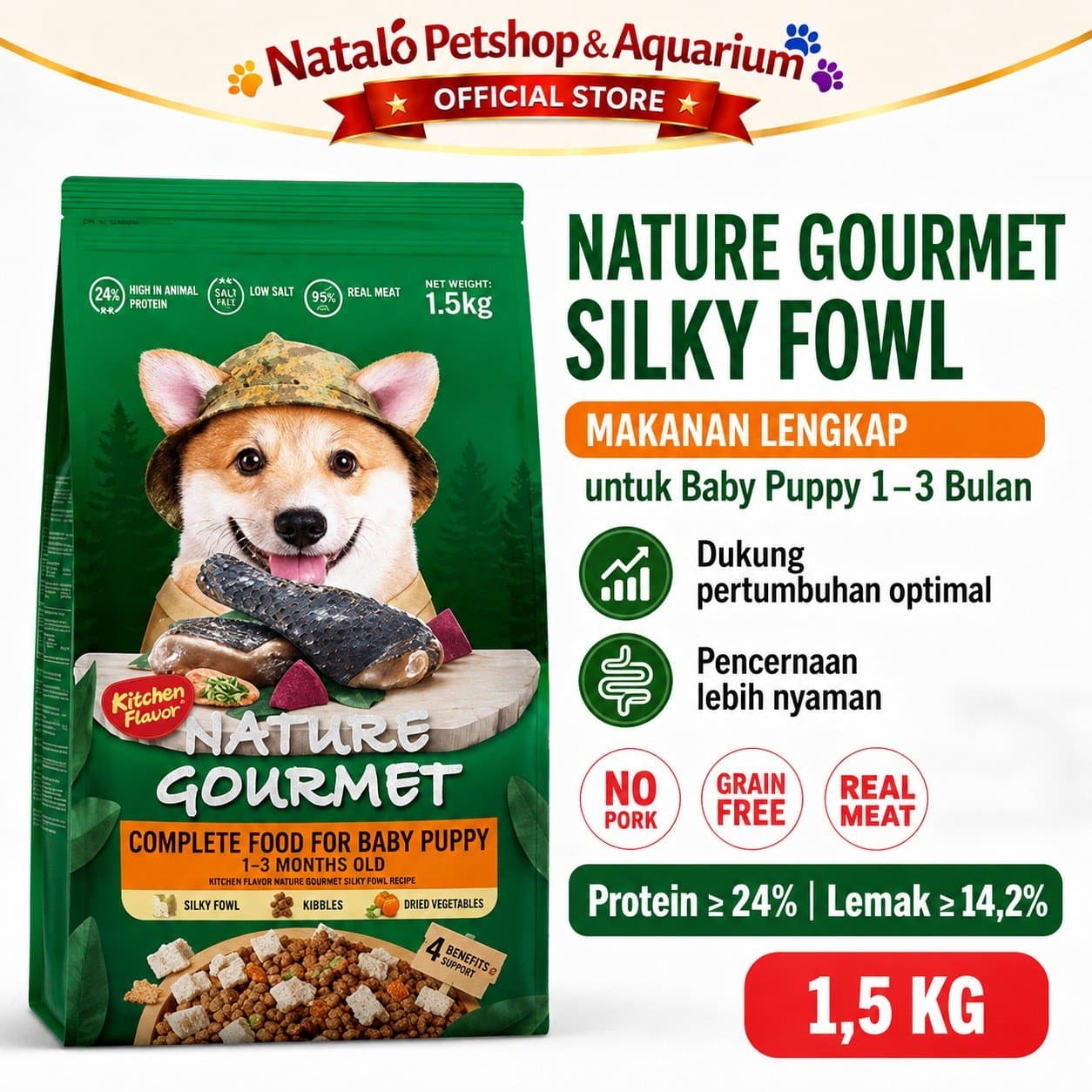 Kitchen Flavor Nature Gourmet Silky Fowl Complete Dog Food for Baby Puppy 1.5KG - Makanan Anak / Bayi Anjing 1.5 KG - gambar 1