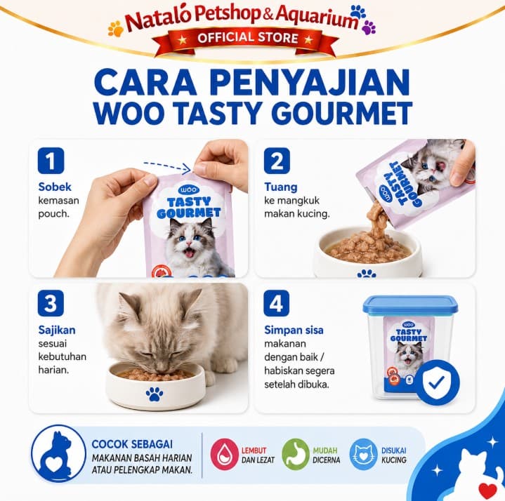 Woo Tasty Gourmet Cat Pouch per BOX isi 24 pcs x 80GR  Makanan Basah Kucing Rasa Salmon / Tuna / Mackerel 80 GR Wet Food Saset Sachet Daging Majes - gambar 3