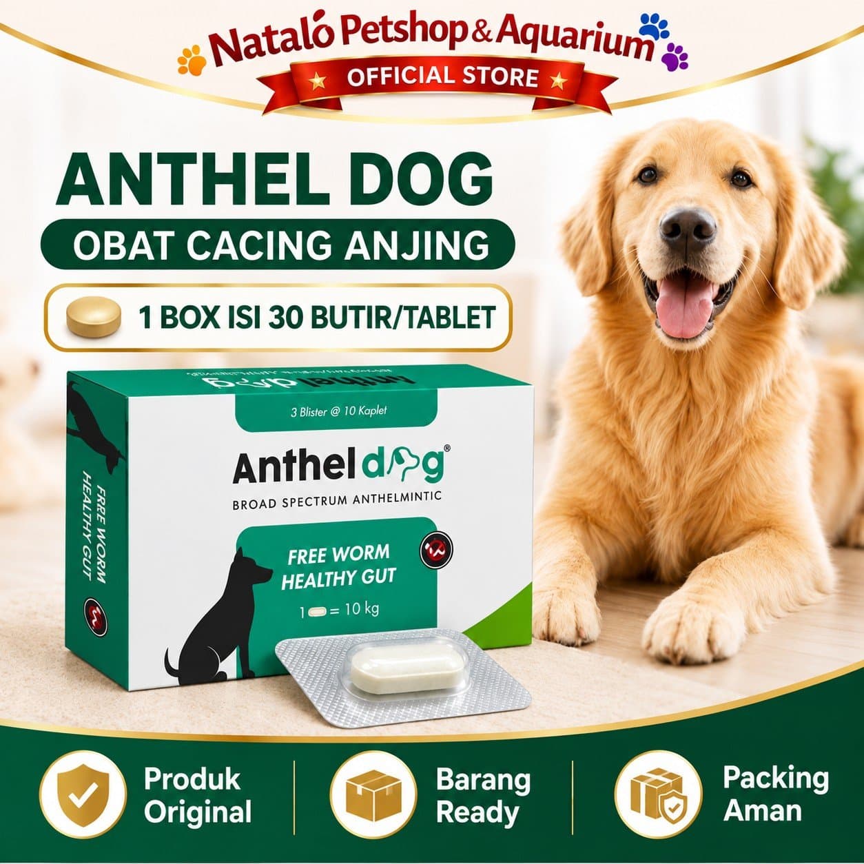 Anthel Dog Kalbe Obat Cacing Anjing 1 Box Isi 30 Kaplet Spektrum Luas untuk Pencegahan dan Pengobatan Cacing Pita, Gelang, Cambuk dan Kait - gambar 1