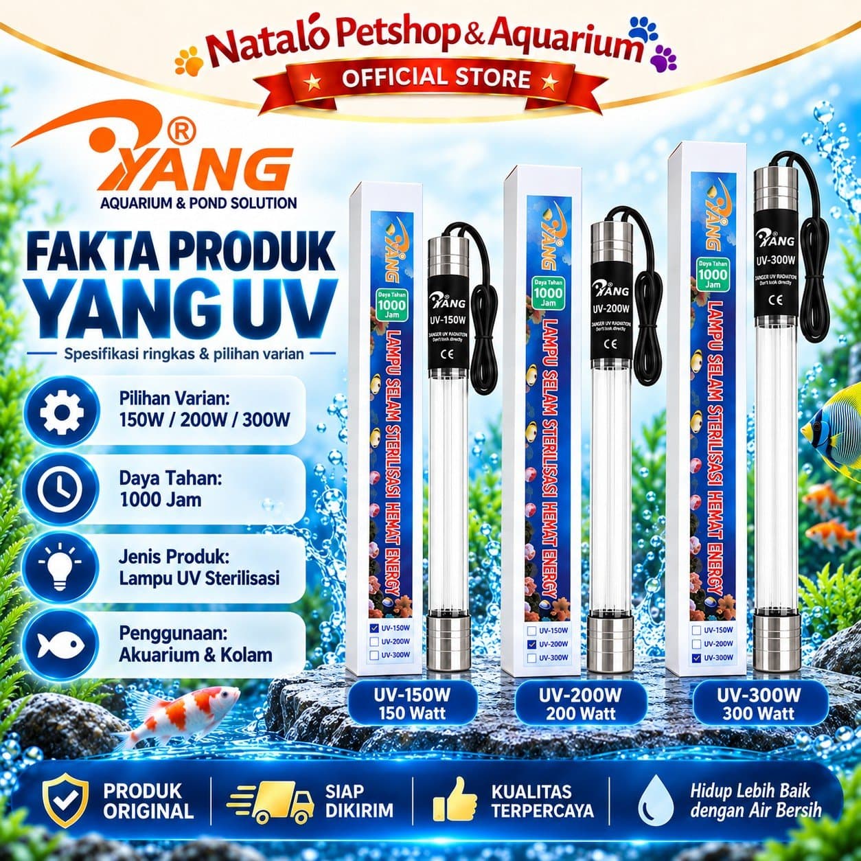 YANG Lampu UV High Watt Sterilizer Celup Kolam Koi Aquarium 150 Watt 200 Watt 300 Watt Ultraviolet Sterilisasi Air Anti Alga Air Hijau Filter Kolam Ikan - gambar 4