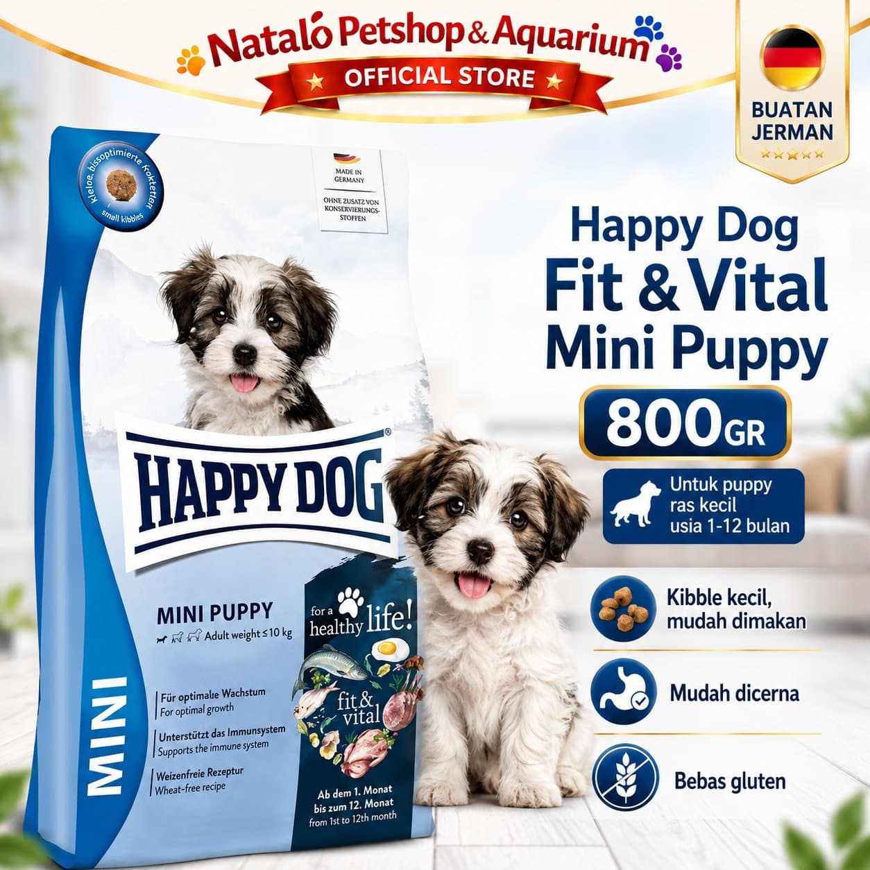 Happy Dog Mini Puppy Fit & Vital 800GR Small Breed Dog Food - Makanan Anak Anjing Ras Kecil Mini Super Premium 800 GR - gambar 1