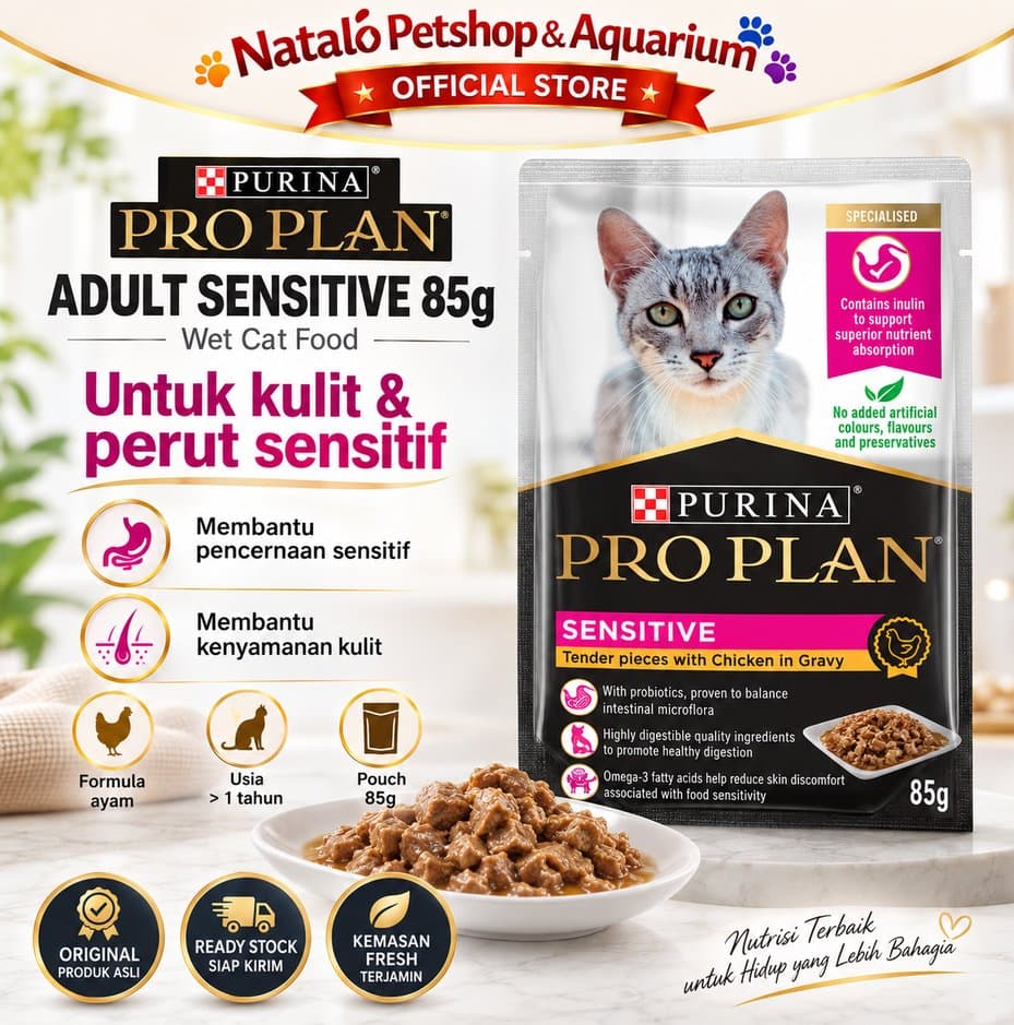 PRO PLAN Pouch Adult Sensitive Skin & Stomach 85gr - Makanan Basah Saset Kucing Dewasa untuk Kulit dan Pencernaan Sensitif Sachet 85 gr - gambar 1