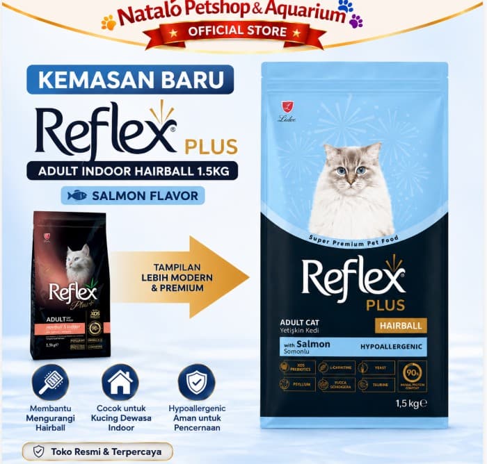 Reflex Plus Adult Cat Hairball & Indoor 1.5KG / Salmon Formula - Makanan Kucing Dewasa Super Premium rasa ikan - gambar 1