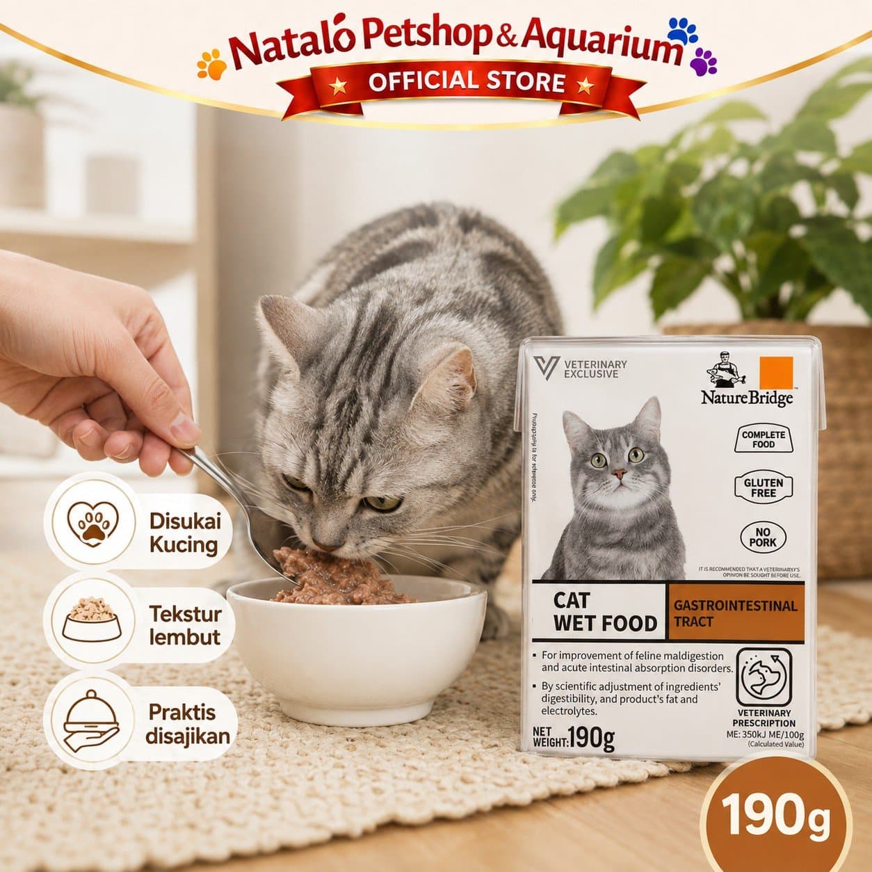 Nature Bridge Gastrointestinal Tract Complete Cat Wet Food 190GR Intestinal - Makanan Basah Kucing untuk Infeksi Saluran Pencernaan  / Diare 190 GR - gambar 5