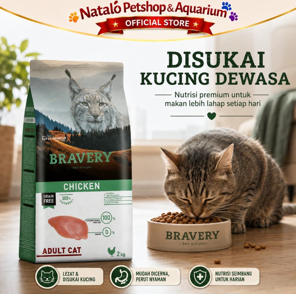 Bravery Adult Cat Chicken 2KG Grain & Gluten Free Super Premium Dry Food Makanan Kering Kucing Dewasa 2 KG rasa Ikan Ayam Hypoallergenic - gambar 4