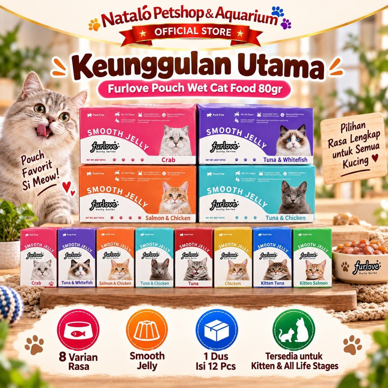 Furlove Pouch Wet Cat food 1 BOX isi (12pcs x 85gr) All Life Stages - Makanan Basah Saset Kucing Semua Tahap Usia - gambar 2