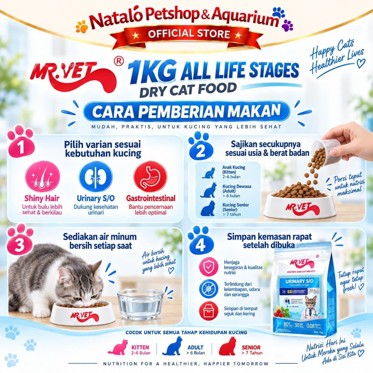 Mr. Vet E1 Shiny Hair / E2 Urinary S/O / E3 GASTROINTESTINAL 1KG Functional All Life Stages Holistic Dry Cat Food - Makanan Kucing Holistik Mr.Vet Semua Tahap Usia Fungsional 1 KG - gambar 3