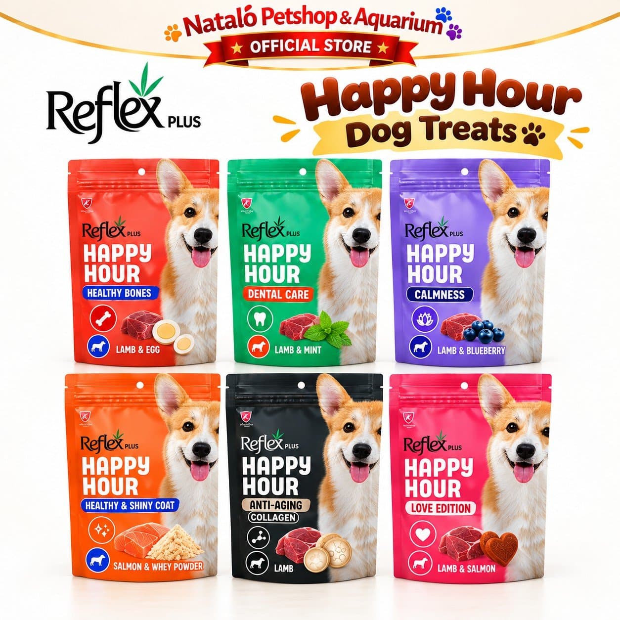 Reflex Plus Happy Hour Dog Treat 60G 6 Varian - Snack Cemilan Anjing Dewasa Healthy Bones Dental Care Calmness Anti Aging Lamb Salmon 60 GR - gambar 6