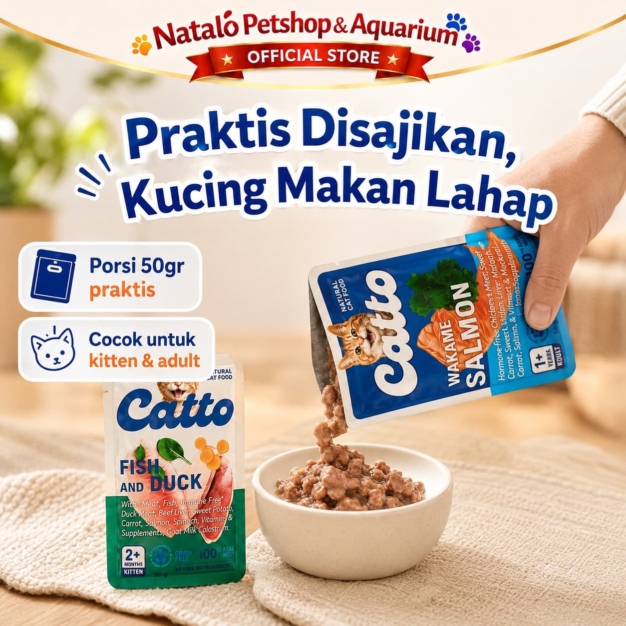 Catto Natural Wet Kitten and Adult Pouch Wet Cat Food 1 BOX isi (12pcs x 50gr)  - Makanan Basah Saset Anak dan Kucing Dewasa 50 GR - gambar 5
