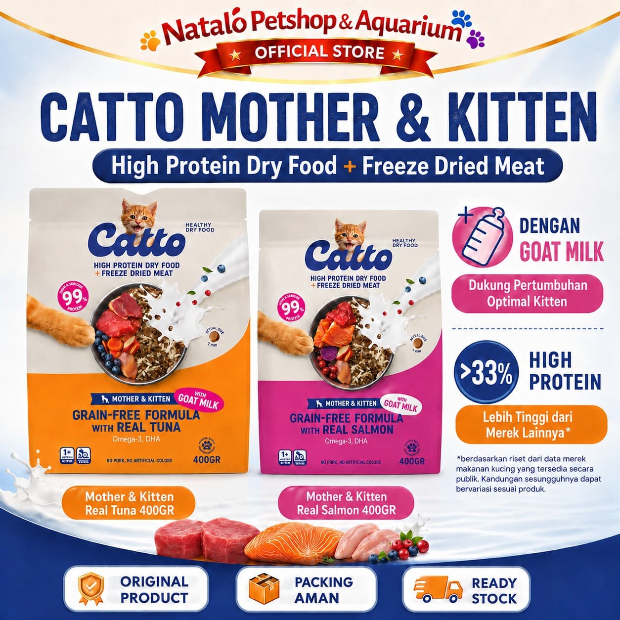 Catto High Protein Dry Mother & Kitten Cat Food + Freeze Dried Meat Grain Free Formula 400GR - Makanan Kering Anak dan Ibu Kucing Premium 400 GRAM - gambar 1