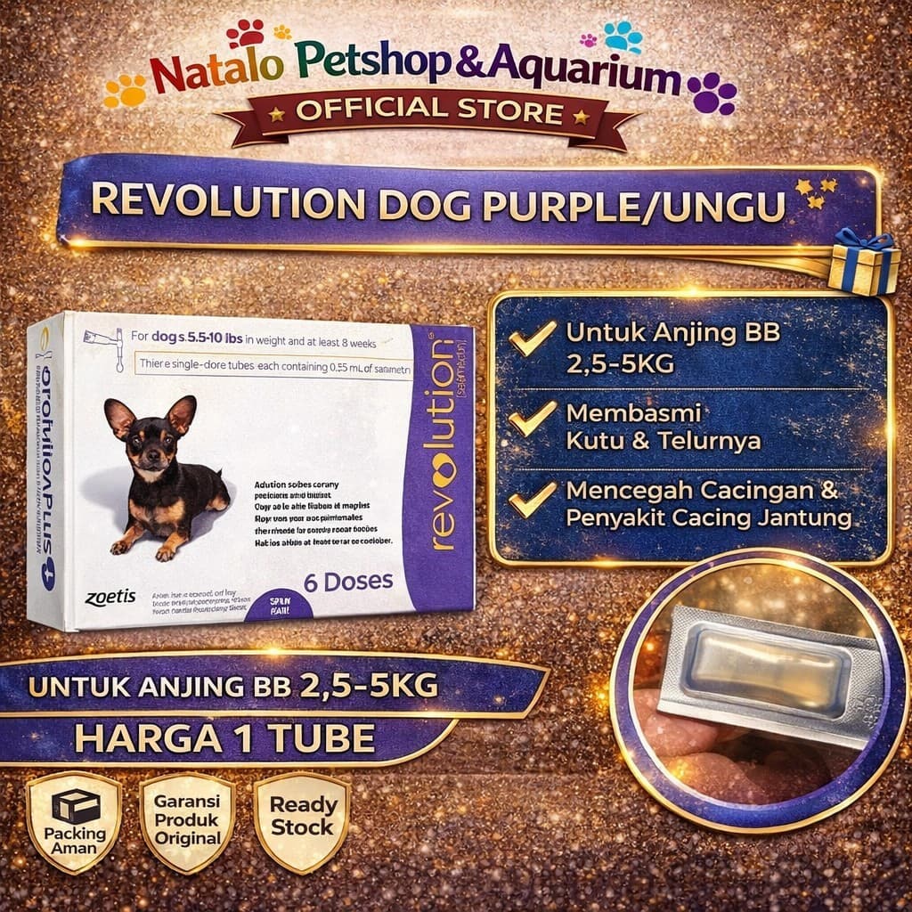 REVOLUTION FOR DOG UNGU / PURPLE Harga Per 1 Tube ( 2.3KG - 4.5KG / 5.1LBS - 10LBS / 0.25ML ) - Obat Tetes Kutu Anjing Kecil - gambar 1