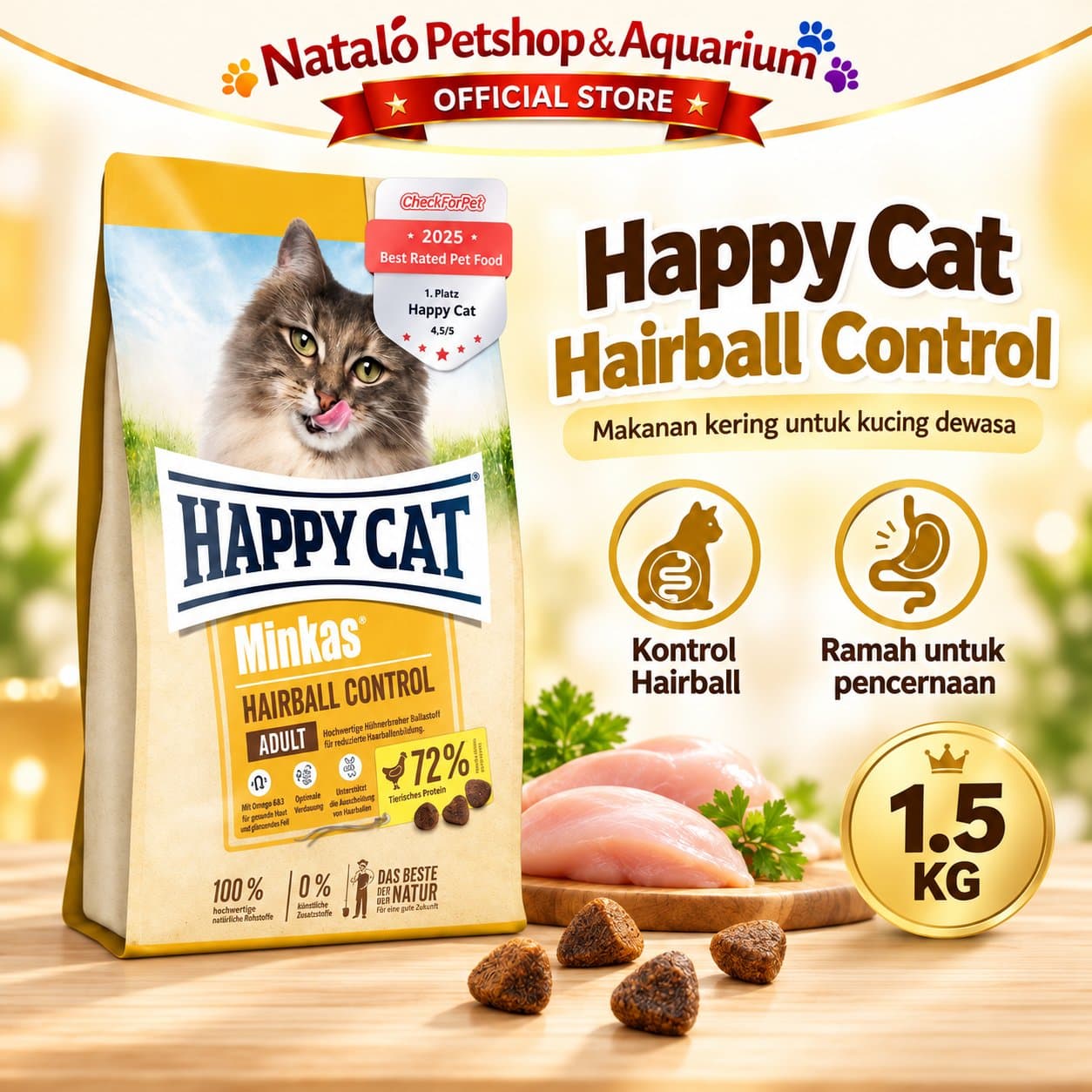 Happy Cat Minkas Hairball Control 1.5KG Adult Dry Cat Food - Makanan Kucing Dewasa Anti Hair Ball 1.5 KG