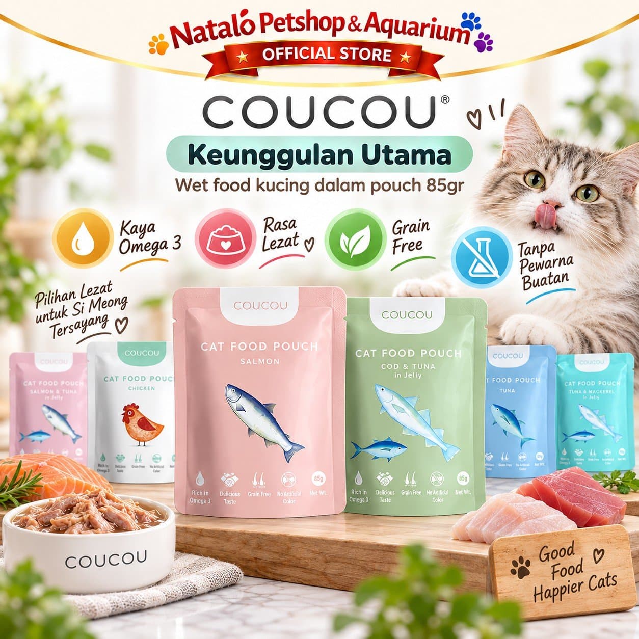 COUCOU Pouch Wet Cat food 85GR All Life Stages - Makanan Basah Saset Kucing COU COU Semua Tahap Usia 85 GR - gambar 2