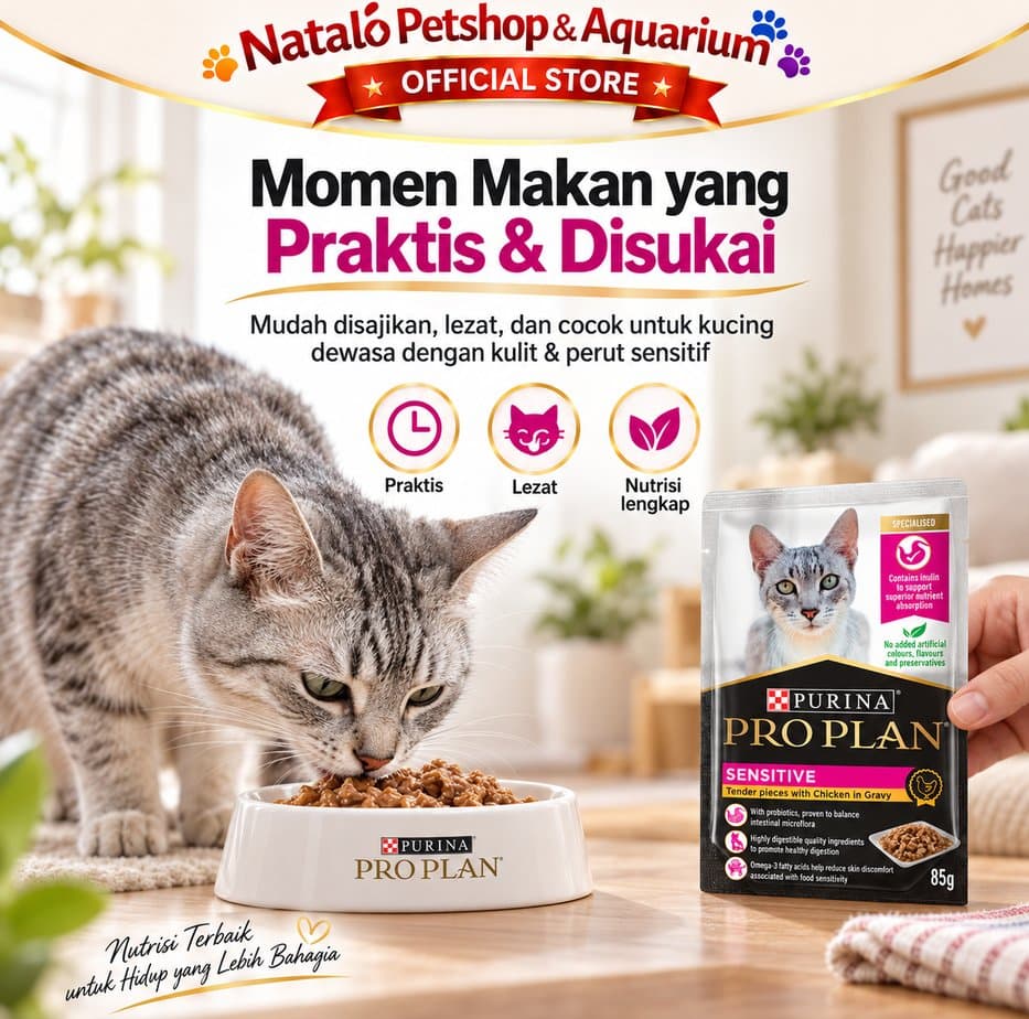 PRO PLAN Pouch Adult Sensitive Skin & Stomach 85gr - Makanan Basah Saset Kucing Dewasa untuk Kulit dan Pencernaan Sensitif Sachet 85 gr - gambar 4