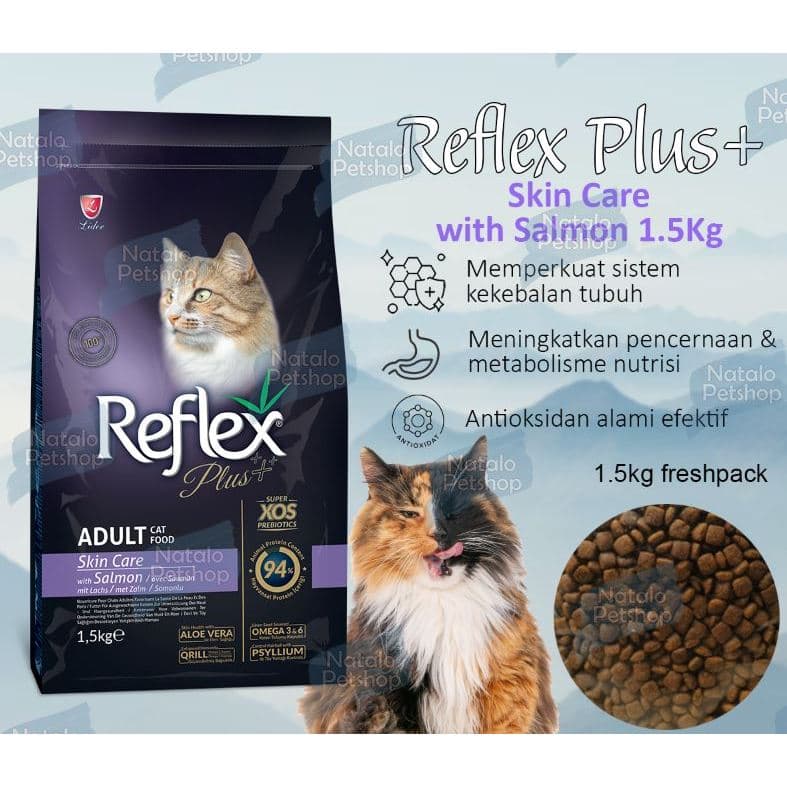 Reflex Plus Adult Cat Hair & Skin Coat Care 1.5KG - Makanan Super Premium Kucing untuk Kulit dan Bulu Lebat - gambar 1