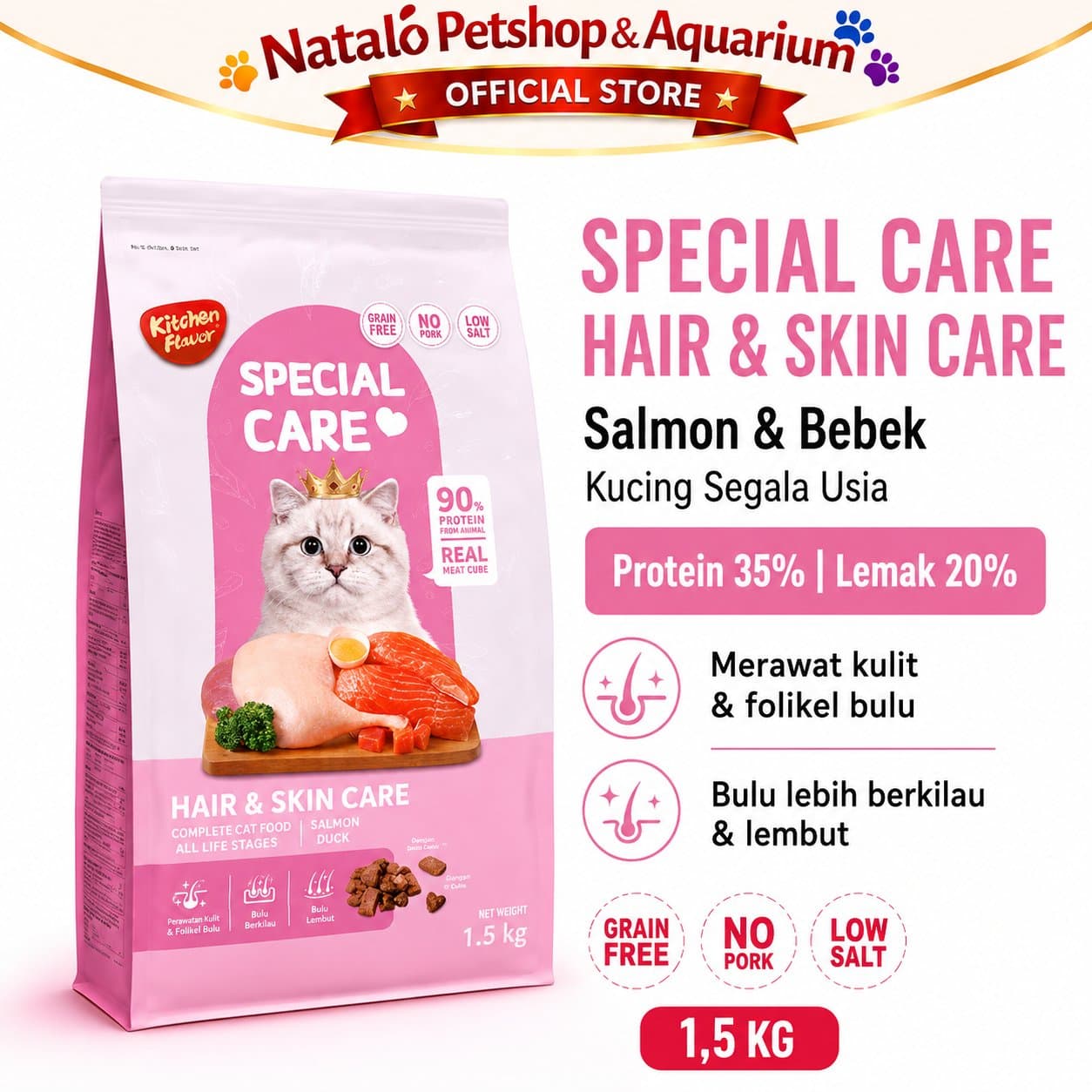 Kitchen Flavor Special Care Hair & Skin Care 1.5KG All Life Stages - Makanan Kucing Semua Umur untuk Bulu dan Kulit 1.5 KG - gambar 1