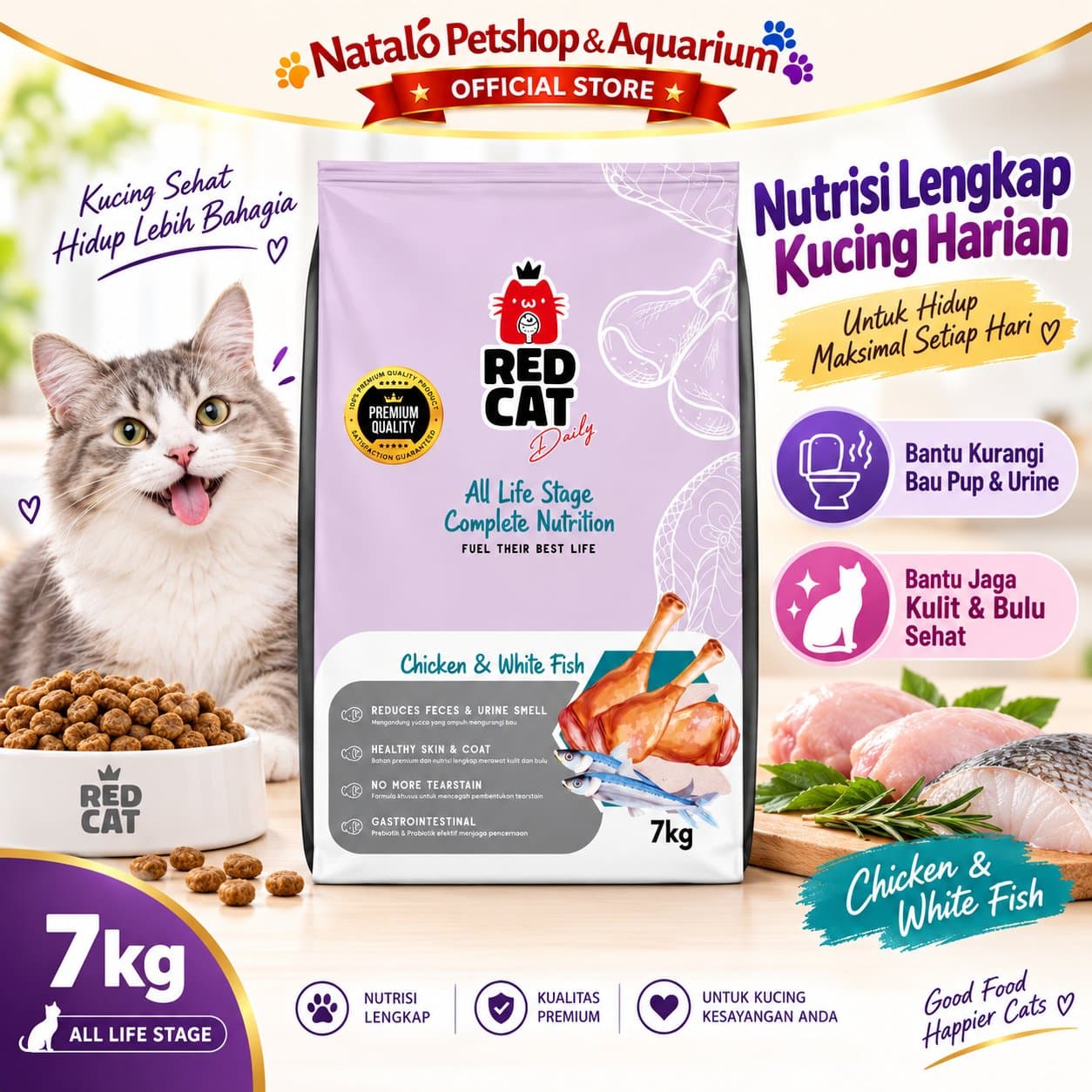 Red Cat Complete Nutrition 7KG All Life Stages Dry Cat Food Chicken & White Fish - Makanan Kucing Semua Tahap Usia / Umur 7 KG  - Premium Quality - gambar 1