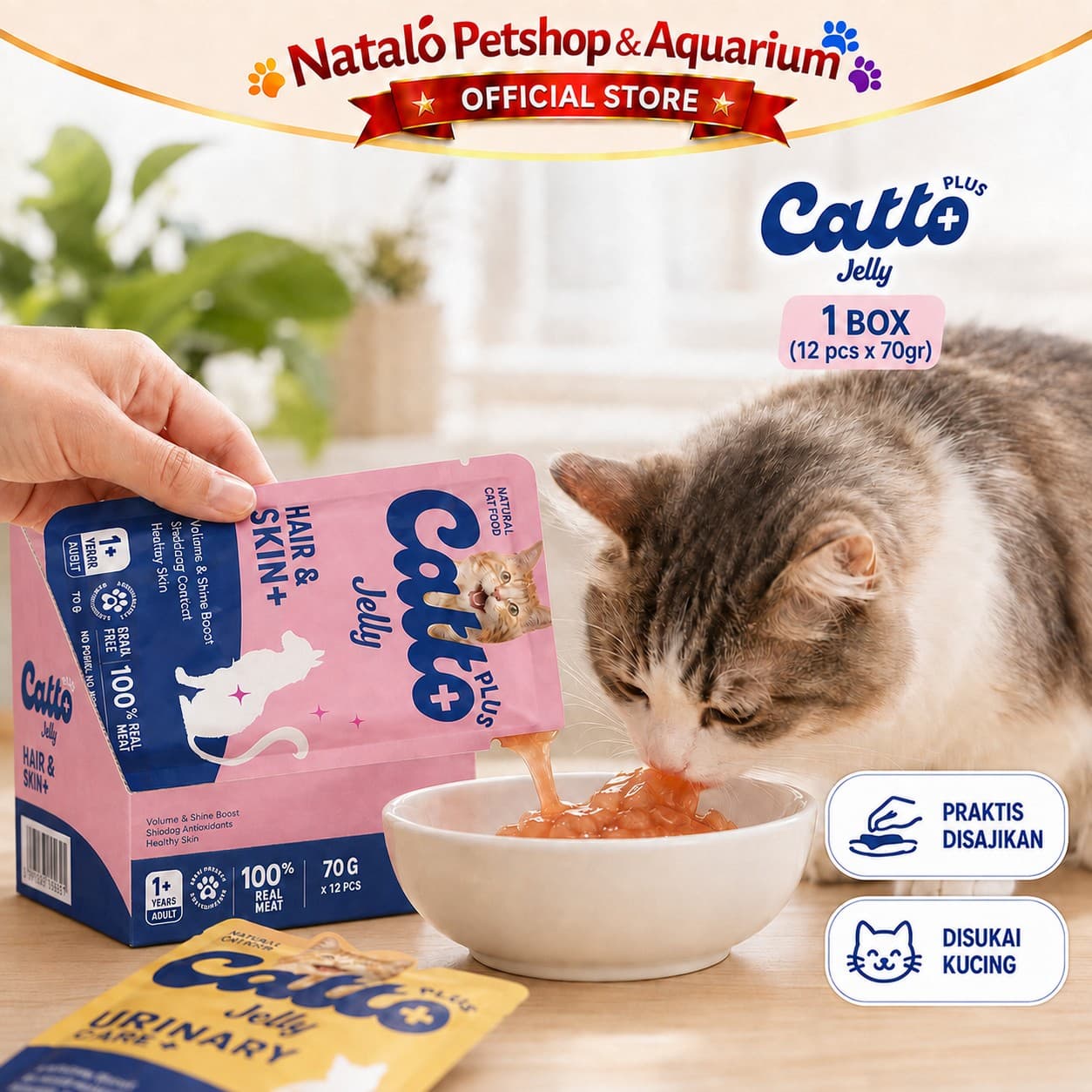 Catto Plus Jelly Anti Hairball / Hair & Skin / Indoor / Immune Booster / Urinary Adult Pouch Wet Food 1 BOX isi (12pcs x 70gr) - Makanan Basah Saset Kucing Dewasa - gambar 5