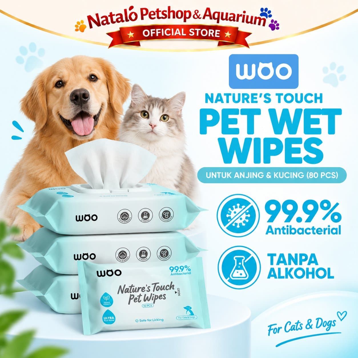 Woo Nature's Touch Pet Wet Wipes - Tissue Tisu Basah Tanpa Alkohol untuk Membersihkan Hewan Kucing dan Anjing 80 Lembar