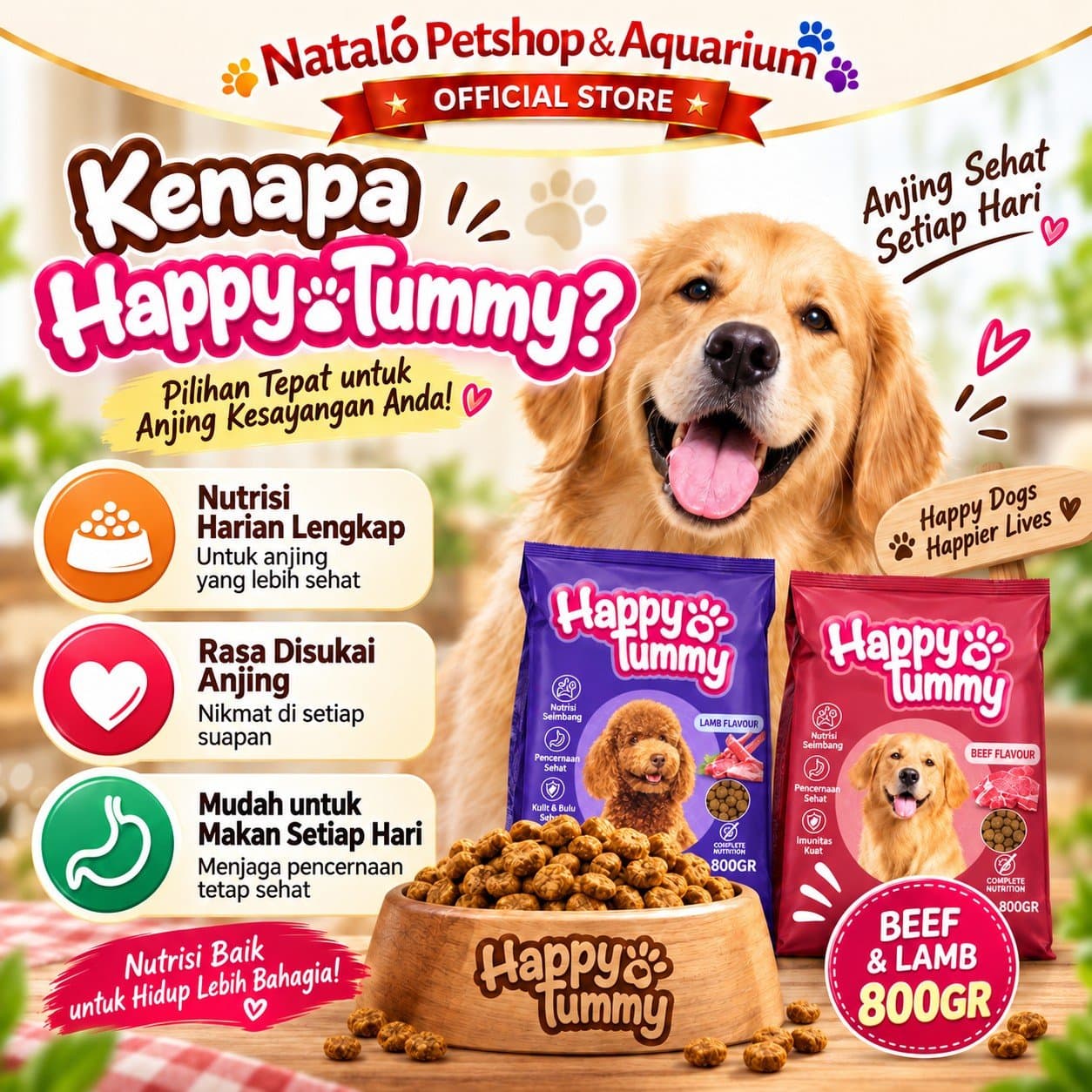 Happy Tummy Dry Adult Dog Food Beef / Lamb 800GR - Makanan Kering Anjing Dewasa 800 GR - gambar 2